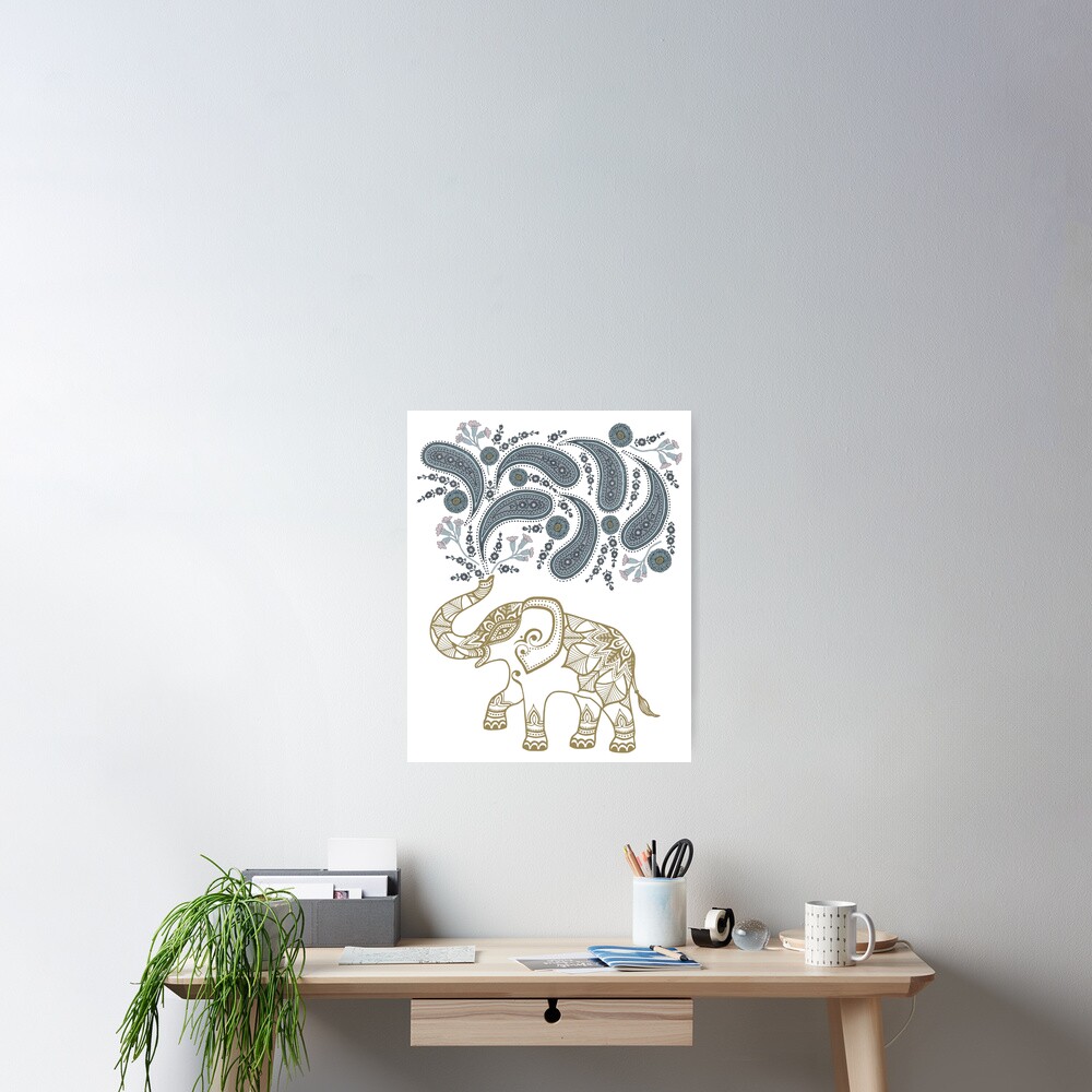 Holy Indian decorated golden elephant having a paisley and flower shower  Poster for Sale by Lenushka | Redbubble
