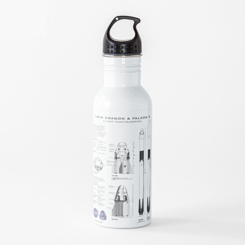 NASA SpaceX Crew Dragon Spacecraft & Falcon 9 Rocket Blueprint in High Resolution (white) Water Bottle
