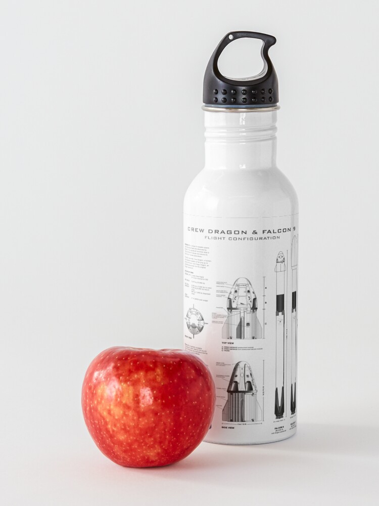 Alternate view of NASA SpaceX Crew Dragon Spacecraft & Falcon 9 Rocket Blueprint in High Resolution (white) Water Bottle