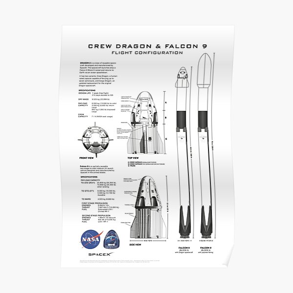 NASA SpaceX Crew Dragon Spacecraft & Falcon 9 Rocket Blueprint in High Resolution (white) Poster
