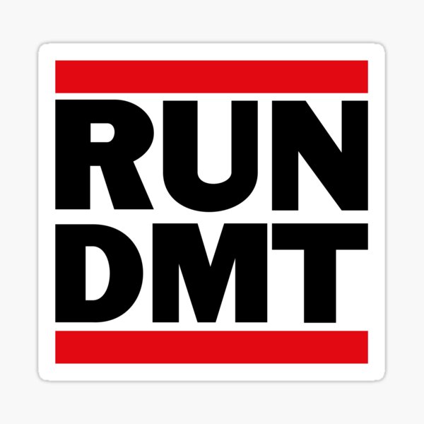 RUN DMT logo, black, white, red text design - white Sticker