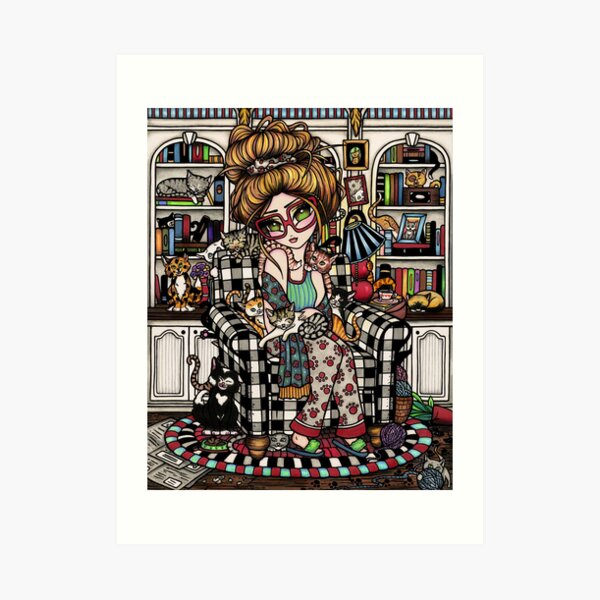 Crazy Cat Lady in Buffalo Check Chair Art Print