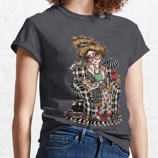 Crazy Cat Lady in Buffalo Check Chair Classic T-Shirt