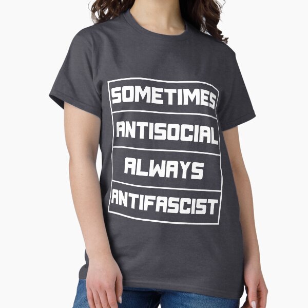 Vista previa del artículo con la obra «A veces antisocial, siempre antifascista - blanco», diseñado y vendido por guipires.