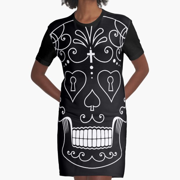 Mexican Calavera Skull White - Day of the Dead Graphic T-Shirt Dress