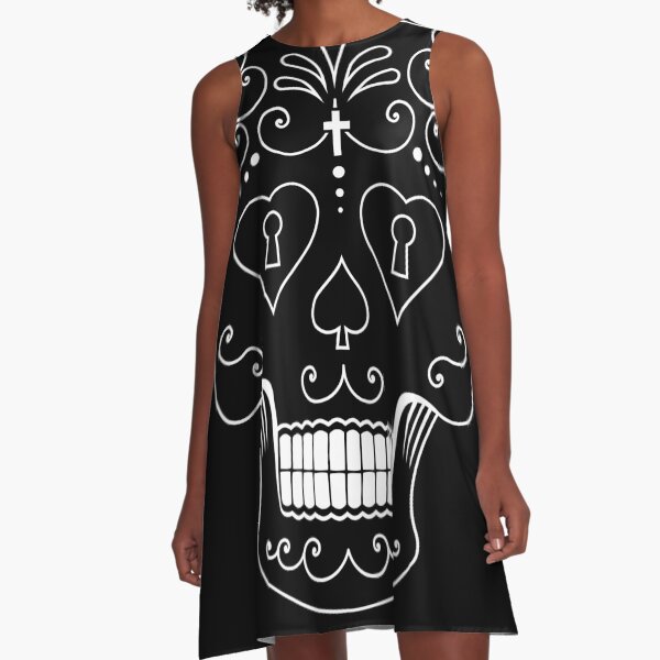 Mexican Calavera Skull White - Day of the Dead A-Line Dress