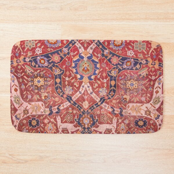 Item preview, Arabesque Floral | Early 17th Century Rich Color Pallete Bold Interlaced Blue Bands Dragons Deer Lions Wild Creature Pattern Rug designed and sold by vintagepatterns.