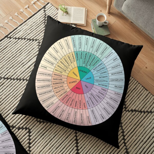 Wheel of Feelings and Emotions on Black - Therapy and Counseling Art - DBT & CBT Gift for Counselor, Therapist and Parent Floor Pillow