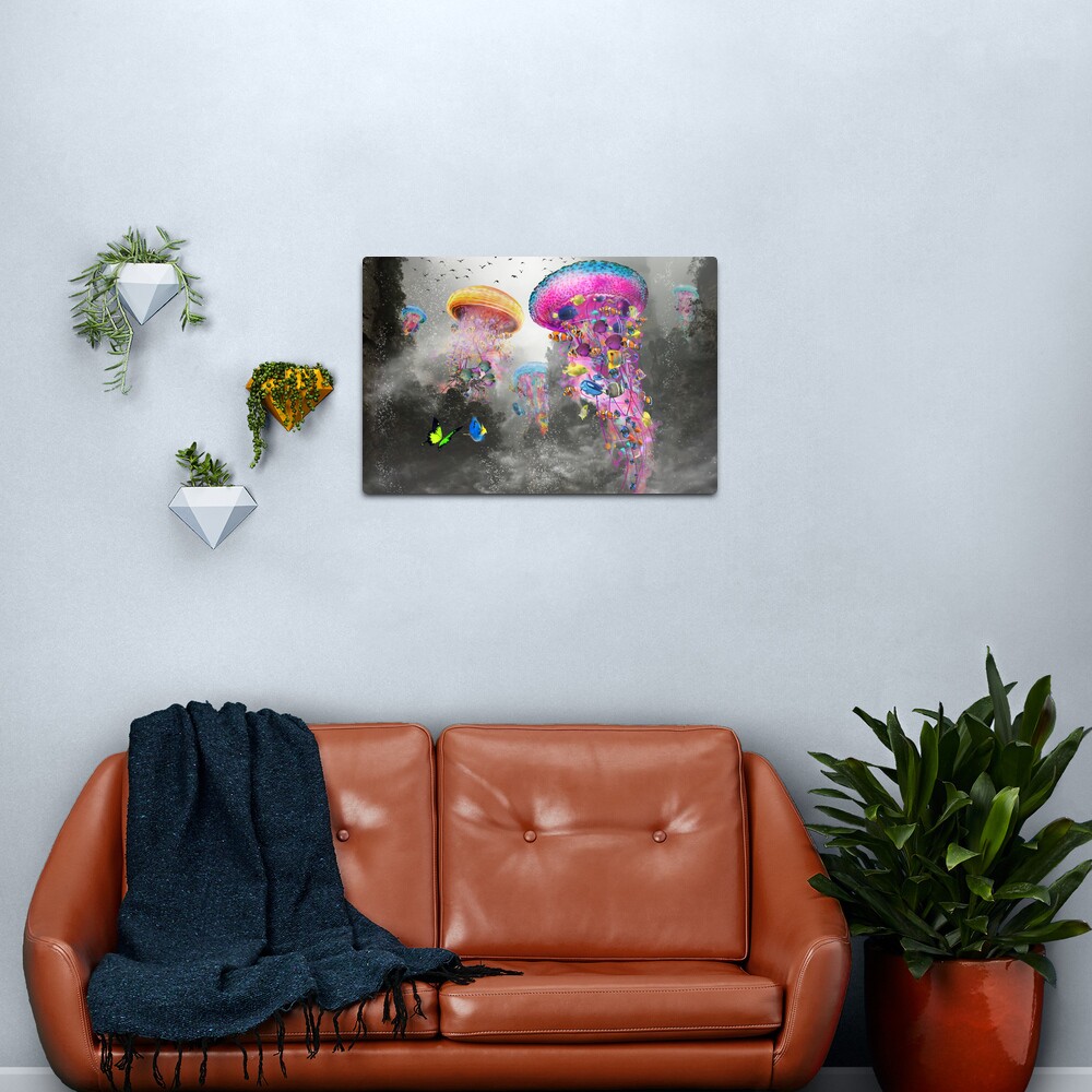 Electric Jellyfish in Misty Mountains Metal Print