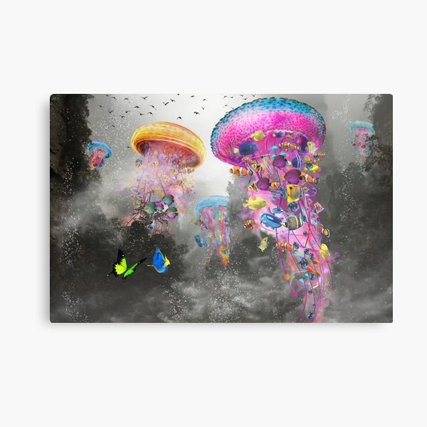 Electric Jellyfish in Misty Mountains Metal Print