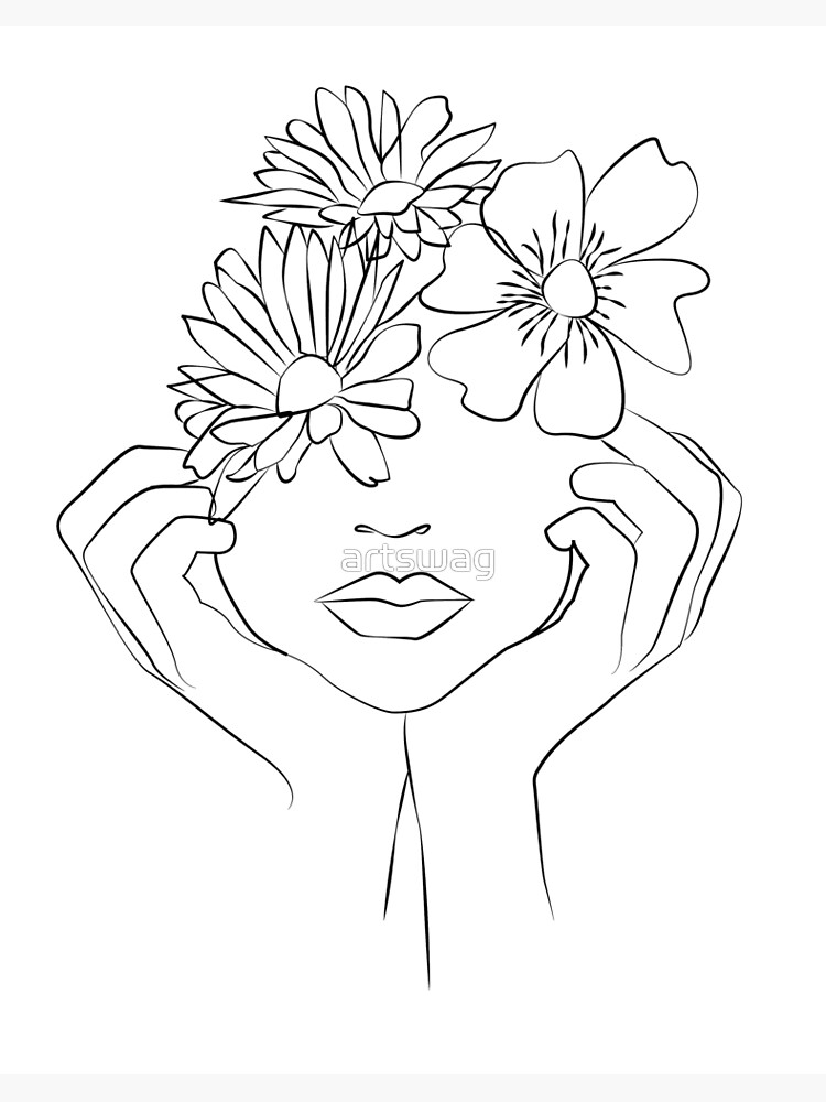 Minimal woman smelling flowers line art, flower head, flower girl,  minimalist abstract female face Drawing by Mounir Khalfouf - Pixels