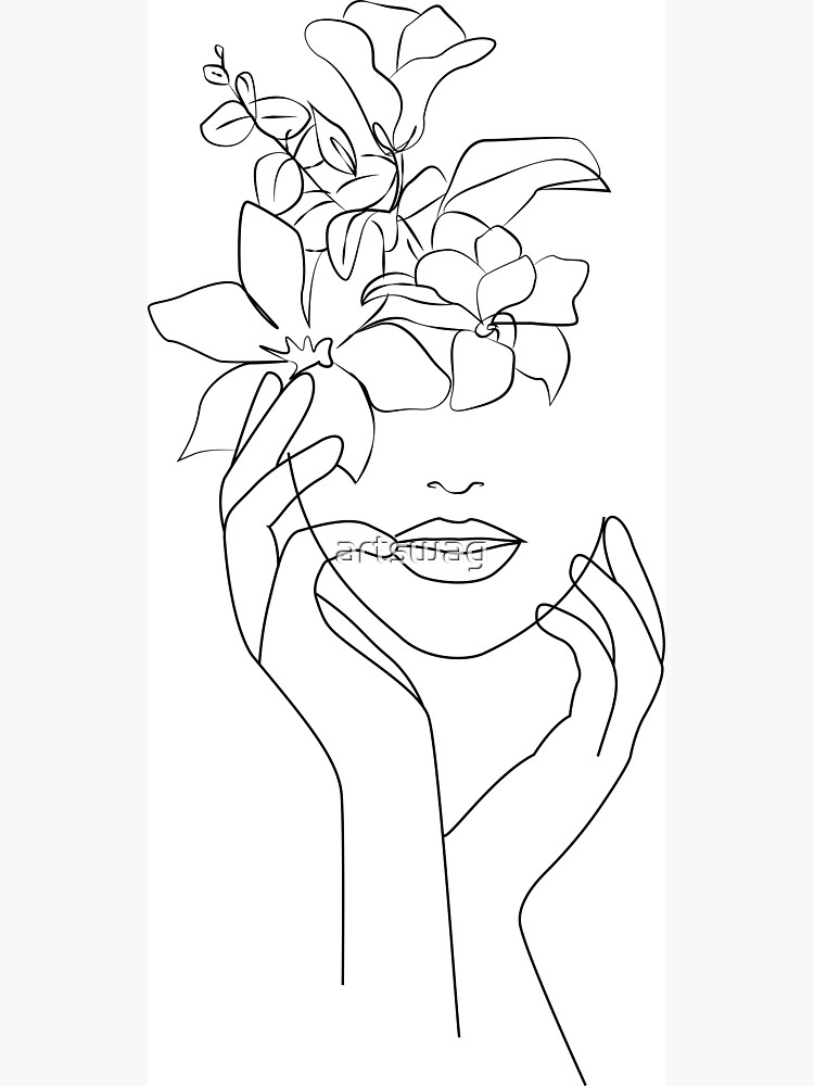 "Abstract Woman with Flowers Minimalistic Line Drawing" Poster for