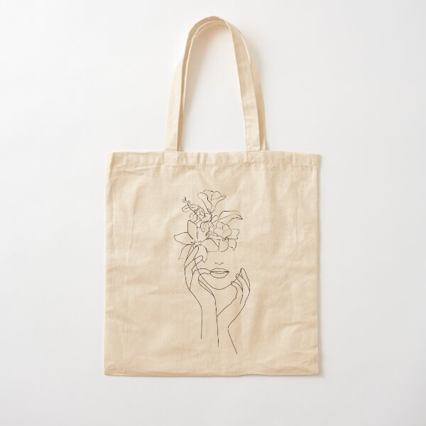 Minimal Art Tote Bag One Line Drawing Abstract Flowers 