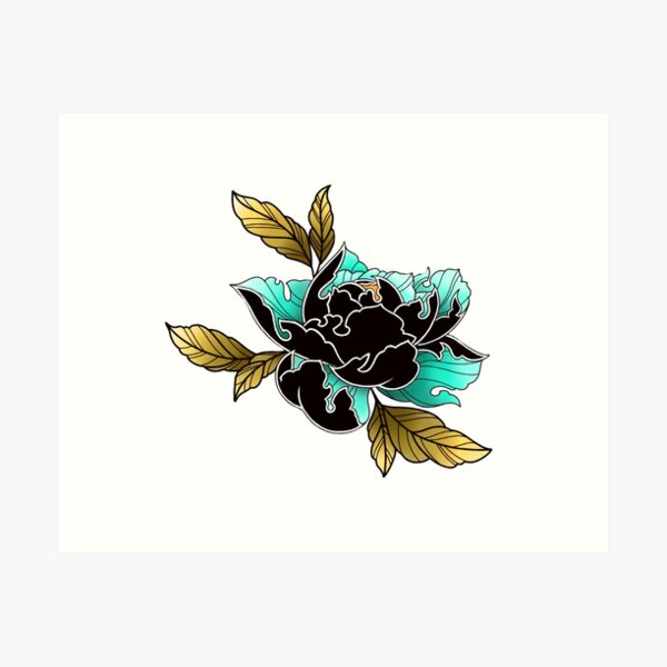 Item preview, Black Peony Flower with gold leaves designed and sold by Ilona-Rij-.