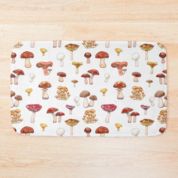 Item preview, Watercolor hand drawn illustration seamless pattern background of Mushrooms with porcini, champignon, chanterelle, saffon milk cap, badius, yellow boletus, orange cap boletus, russula designed and sold by FuzzyLogicKate.