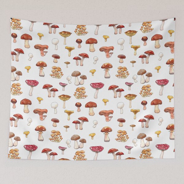 Item preview, Watercolor hand drawn illustration seamless pattern background of Mushrooms with porcini, champignon, chanterelle, saffon milk cap, badius, yellow boletus, orange cap boletus, russula designed and sold by FuzzyLogicKate.
