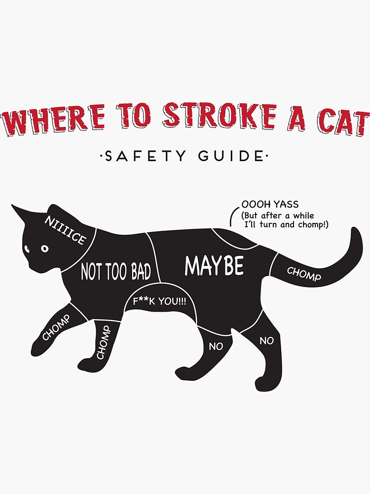 "Where to stroke a cat Safety Guide" Sticker for Sale by Injustees
