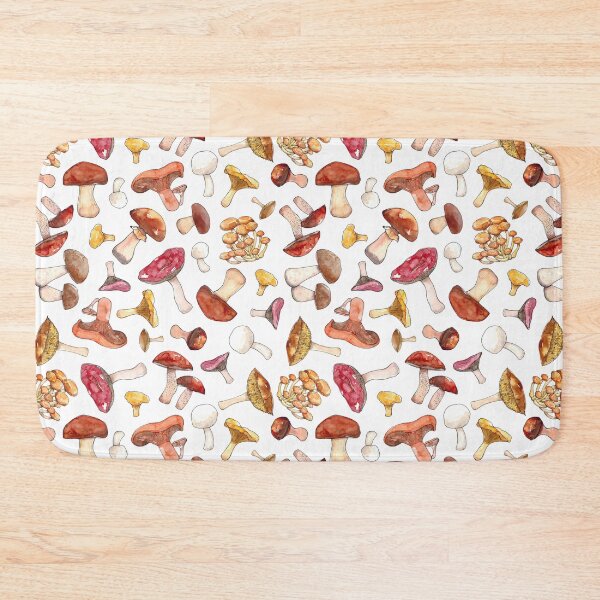 Item preview, Watercolor hand drawn illustration seamless pattern background of Mushrooms with porcini, champignon, chanterelle, saffon milk cap, badius, yellow boletus, orange cap boletus, russula designed and sold by FuzzyLogicKate.