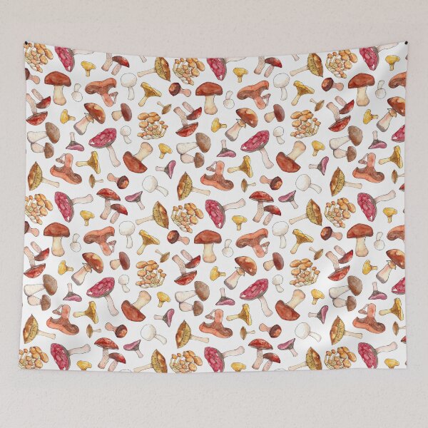 Item preview, Watercolor hand drawn illustration seamless pattern background of Mushrooms with porcini, champignon, chanterelle, saffon milk cap, badius, yellow boletus, orange cap boletus, russula designed and sold by FuzzyLogicKate.