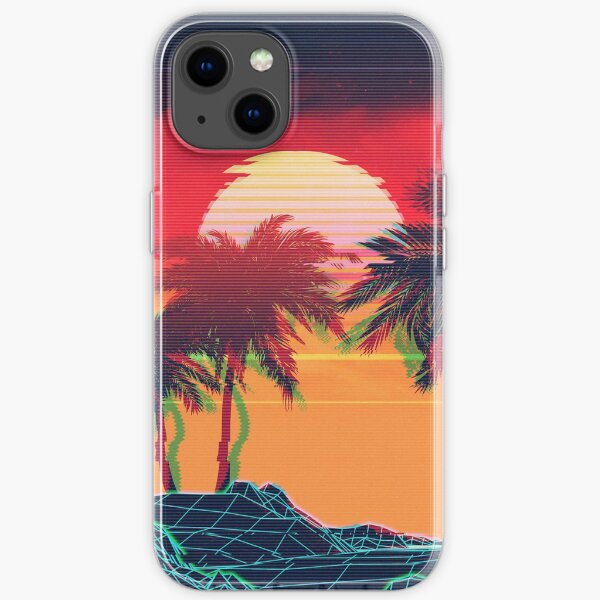 Vaporwave landscape with rocks and palms iPhone Soft Case