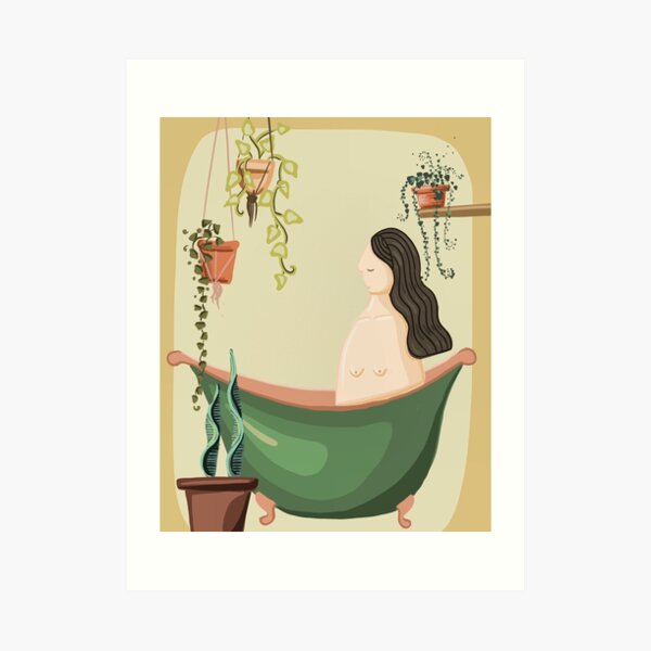 Lady in bath with her plants Art Print