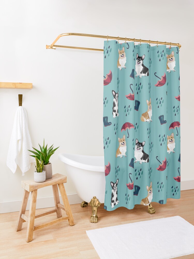 Alternate view of Corgi at rainy autumn day Shower Curtain