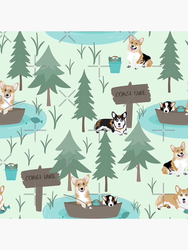 Corgis are fishing in the forest lake by Corgiworld