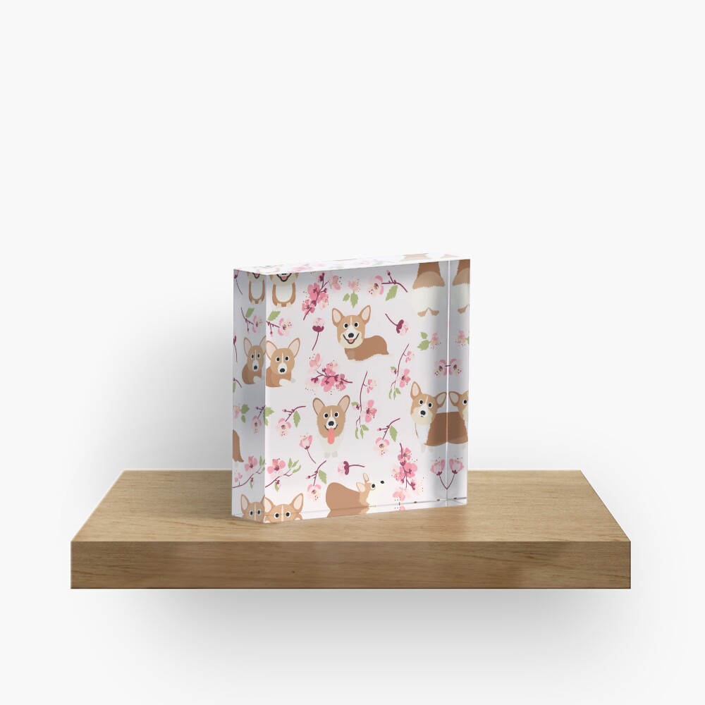 Corgis And Cherry Blossoms Sakura Pattern Acrylic Block