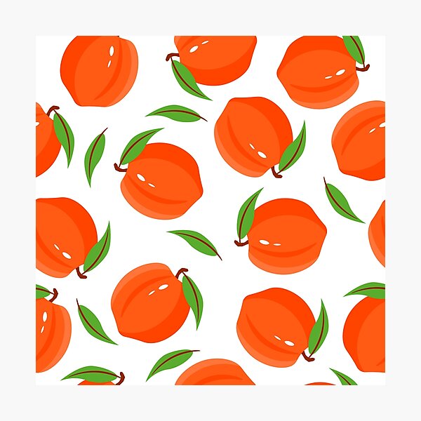 peach pattern on a branch with leaves on a white background. fruit illustration. Photographic Print
