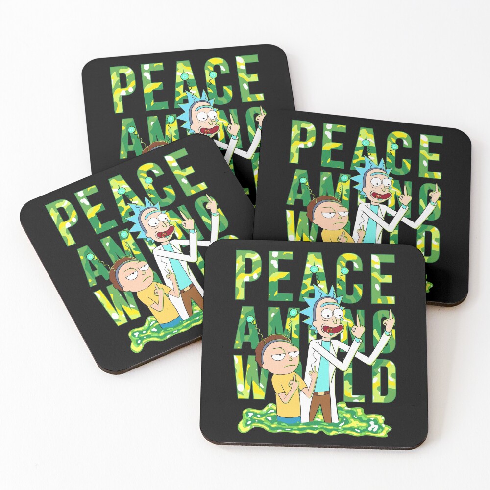 peace among world rick and morty retro Coasters (Set of 4)