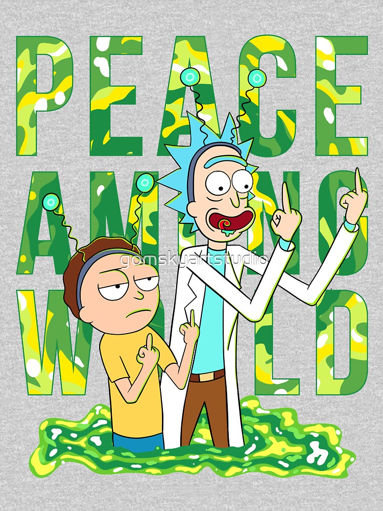 peace among world rick and morty retro by gomskyartstudio