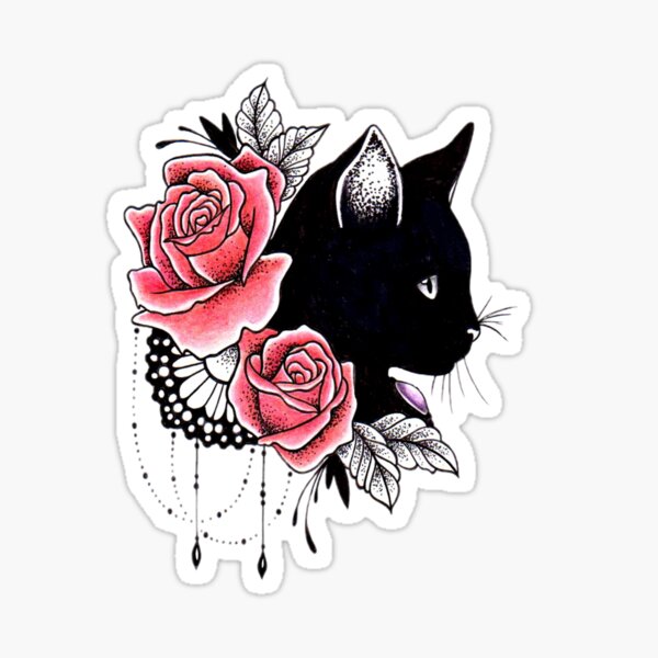 Pegatina «Cat N 'Roses / Roses Black Cat / Vintage Cat / Black Cat