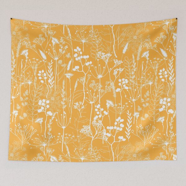 Item preview, White herbal silhouette seamless pattern on yellow. Wild herbs. Wild life designed and sold by Yulia Chepurova.