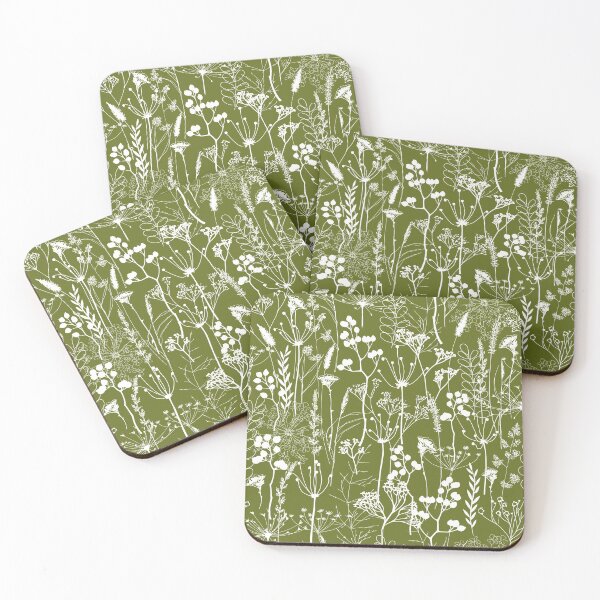Item preview, White herbal silhouette seamless pattern on olive green. Wild herbs. Wild life designed and sold by Yulia Chepurova.