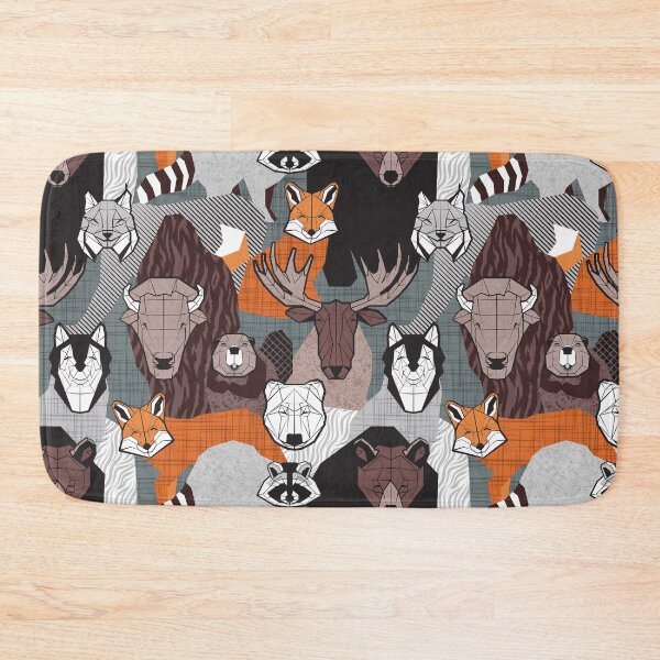 Item preview, Canadian wild geometric animals // grey green background brown bear bull moose beaver bison grey lynx black and white raccoon bear wolf orange foxes designed and sold by SelmaCardoso.