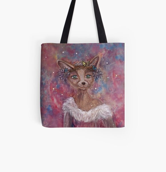 Desert fox (fennec) with butterfly headpiece, Chinese dahlias and hand drum on pink and blue sapphire background All Over Print Tote Bag