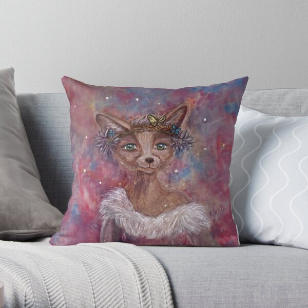 Desert fox (fennec) with butterfly headpiece, Chinese dahlias and hand drum on pink and blue sapphire background Throw Pillow