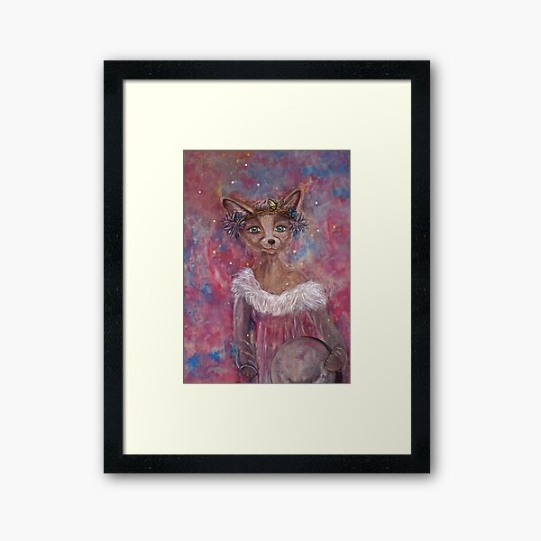 Desert fox (fennec) with butterfly headpiece, Chinese dahlias and hand drum on pink and blue sapphire background Framed Art Print