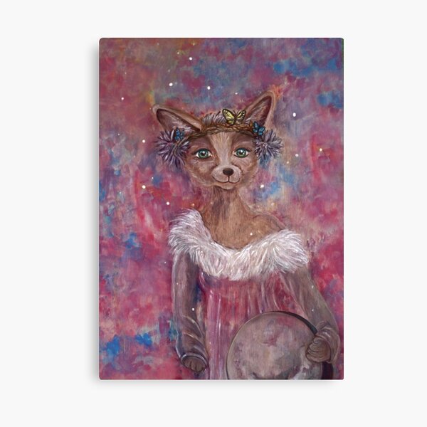 Desert fox (fennec) with butterfly headpiece, Chinese dahlias and hand drum on pink and blue sapphire background Canvas Print