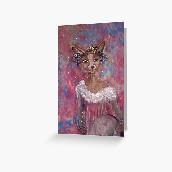 Desert fox (fennec) with butterfly headpiece, Chinese dahlias and hand drum on pink and blue sapphire background Greeting Card