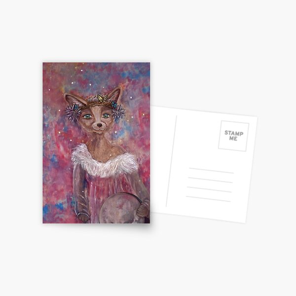 Desert fox (fennec) with butterfly headpiece, Chinese dahlias and hand drum on pink and blue sapphire background Postcard