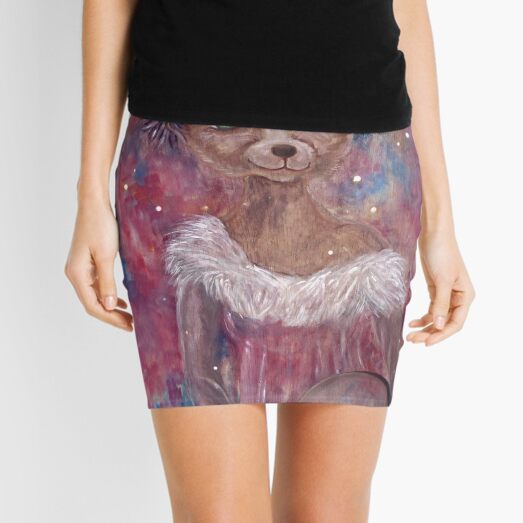 Desert fox (fennec) with butterfly headpiece, Chinese dahlias and hand drum on pink and blue sapphire background Mini Skirt