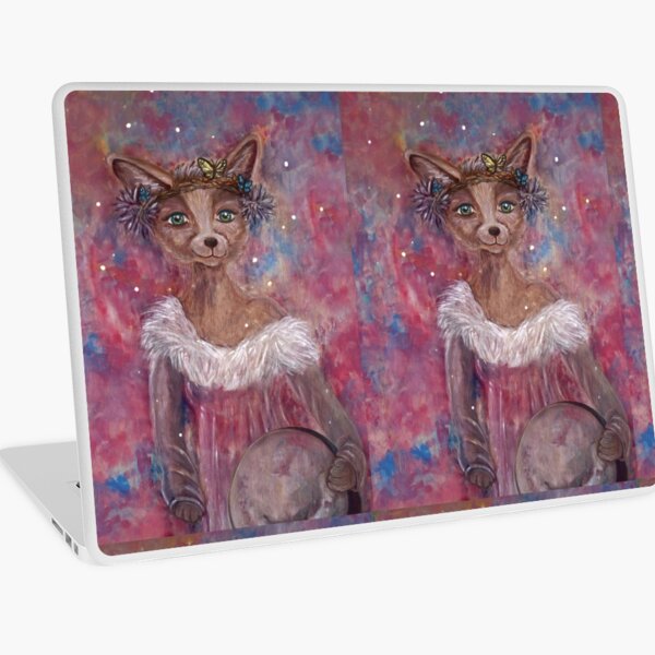 Desert fox (fennec) with butterfly headpiece, Chinese dahlias and hand drum on pink and blue sapphire background Laptop Skin