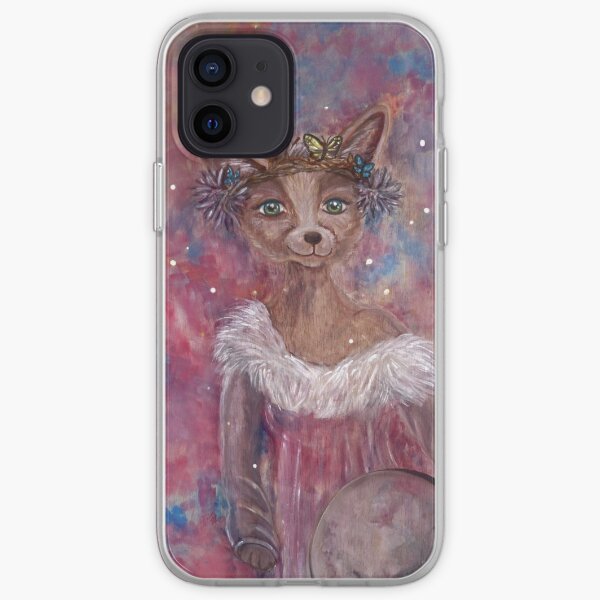 Desert fox (fennec) with butterfly headpiece, Chinese dahlias and hand drum on pink and blue sapphire background iPhone Soft Case