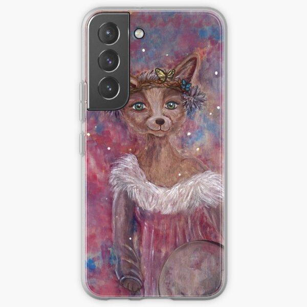 Desert fox (fennec) with butterfly headpiece, Chinese dahlias and hand drum on pink and blue sapphire background Samsung Galaxy Soft Case