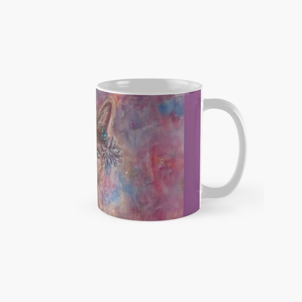 Desert fox (fennec) with butterfly headpiece, Chinese dahlias and hand drum on pink and blue sapphire background Classic Mug