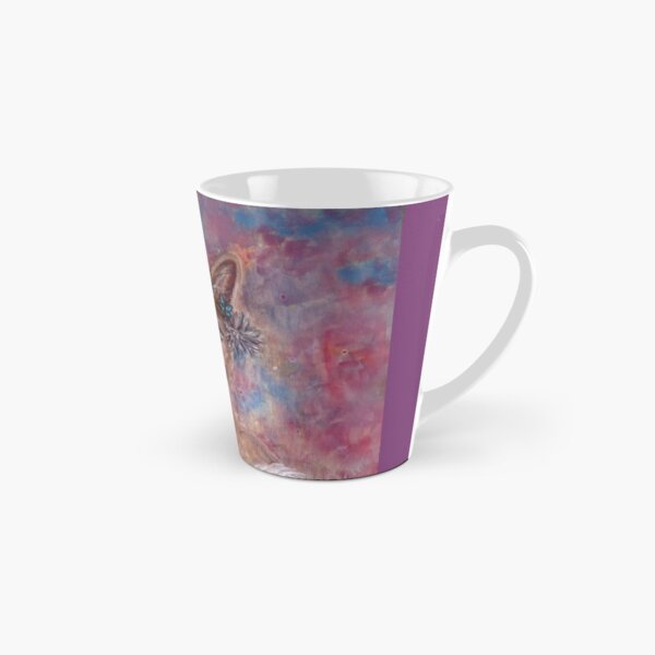 Desert fox (fennec) with butterfly headpiece, Chinese dahlias and hand drum on pink and blue sapphire background Tall Mug