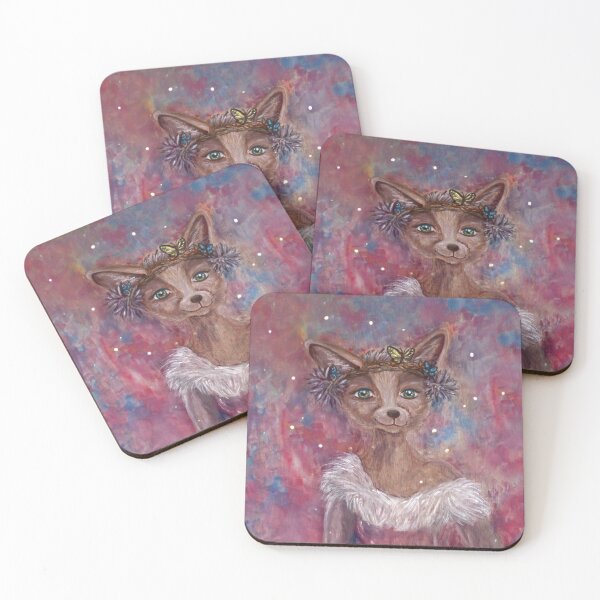 Item preview, Desert fox (fennec) with butterfly headpiece, Chinese dahlias and hand drum on pink and blue sapphire background designed and sold by ValMcCall.