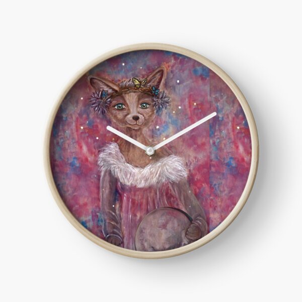 Desert fox (fennec) with butterfly headpiece, Chinese dahlias and hand drum on pink and blue sapphire background Clock
