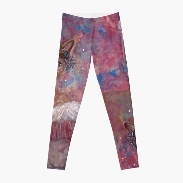 Desert fox (fennec) with butterfly headpiece, Chinese dahlias and hand drum on pink and blue sapphire background Leggings